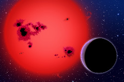 Una ilustración muestra un planeta en órbita alrededor de una enana roja cubierta por tormentas magnéticas oscuras y frías. [David Aguilar/Harvard-Smithsonian Center for Astrophysics]