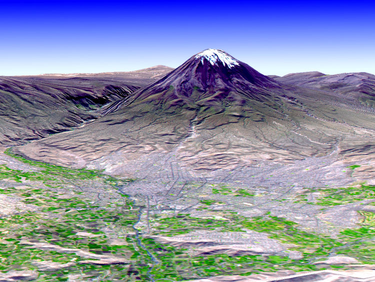 Una vista creada por computadora de Arequipa y el terreno circundante, incluyendo El Misti, un volcán de 19,000 pies de altura. [NASA]