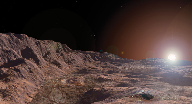 Una ilustración de la superficie marciana, con el cercano Sol empezando a asomarse por el horizonte. [Michael Carroll/Alien Volcanoes]